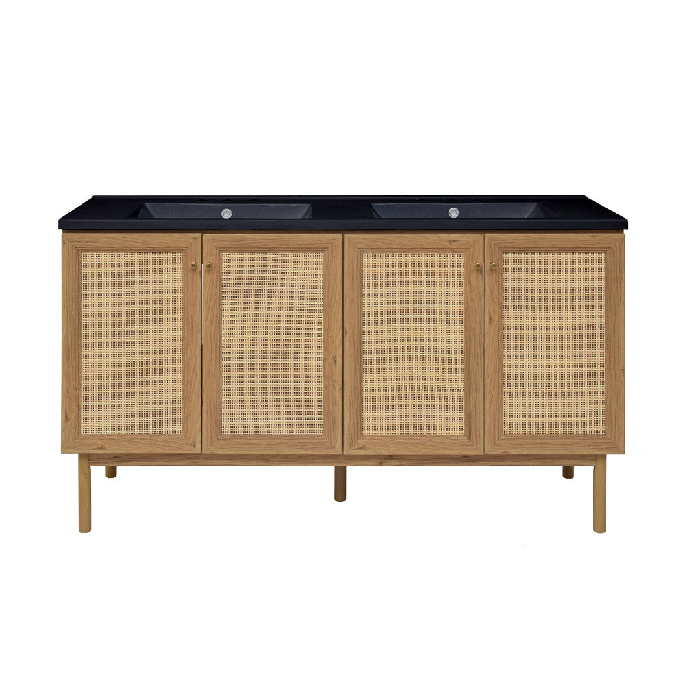 Classe 60" Freestanding Bathroom Vanity in Golden Oak with Black 3-Hole Widespread Double Basin Sink Top