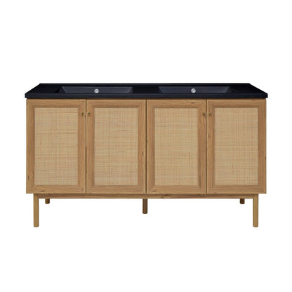 Classe 60" Freestanding Bathroom Vanity in Golden Oak with Black 3-Hole Widespread Double Basin Sink Top