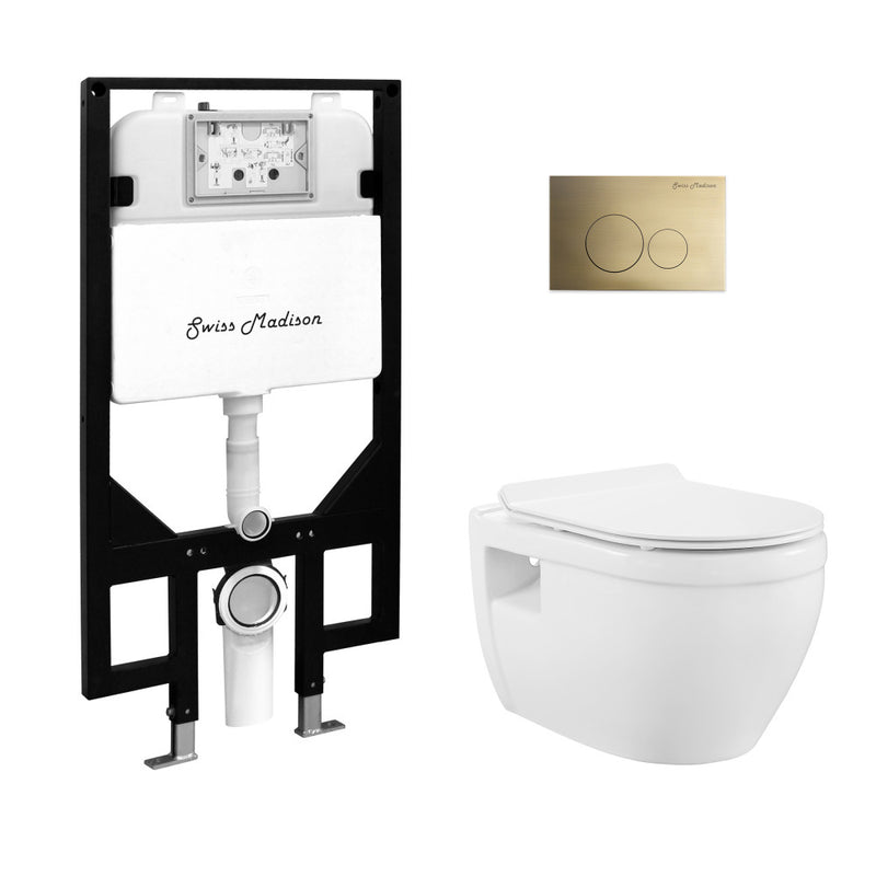 Ivy Wall-Hung Toilet Bundle 0.8/1.6 GPF Dual Flush in Glossy White with Brass Flush Plate