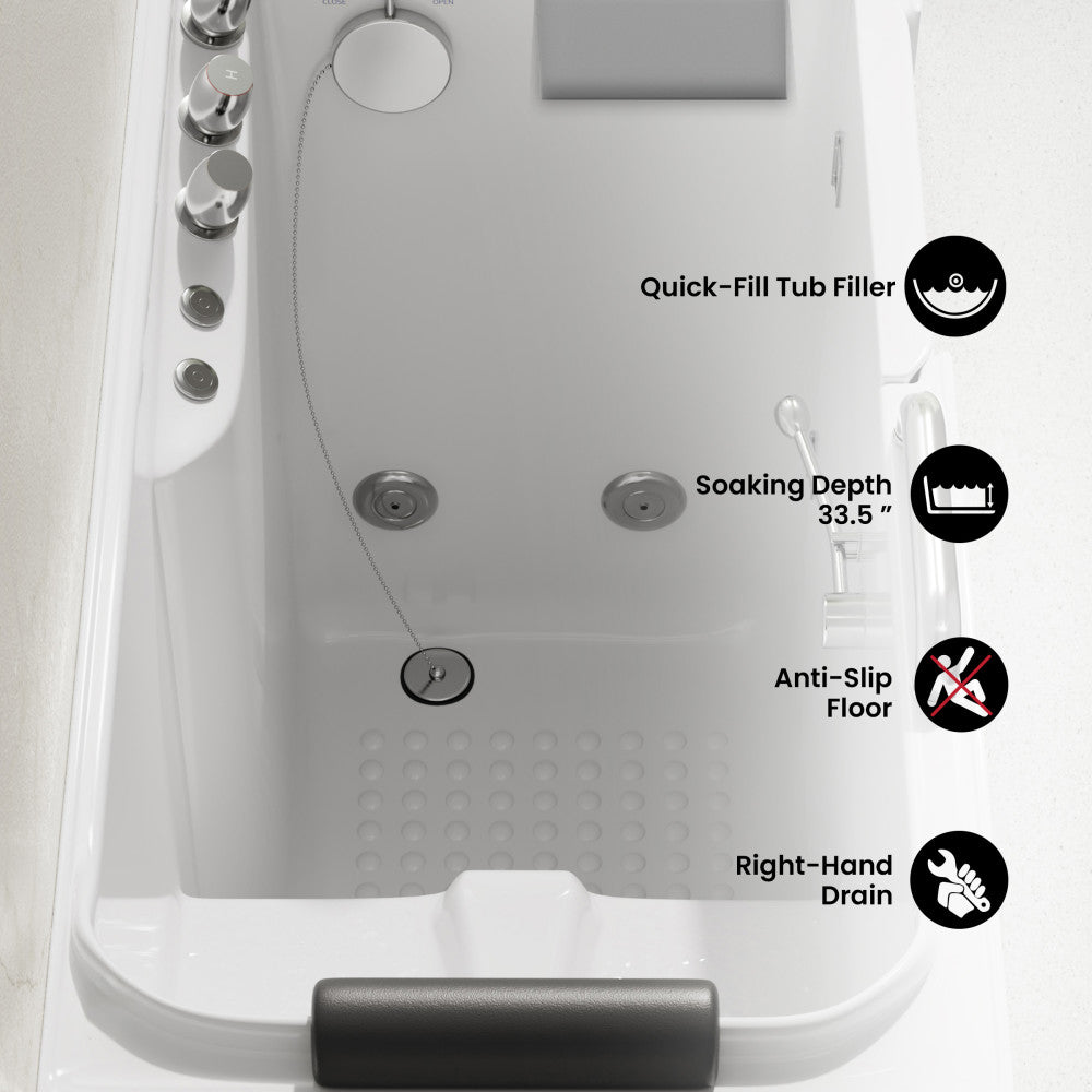 Auvergne 53" x 27" ADA Right Drain Walk-in Soaking Bathtub with Massage Jets in Glossy White, Faucet Set, Drain, Grab Bars, Pillow Included