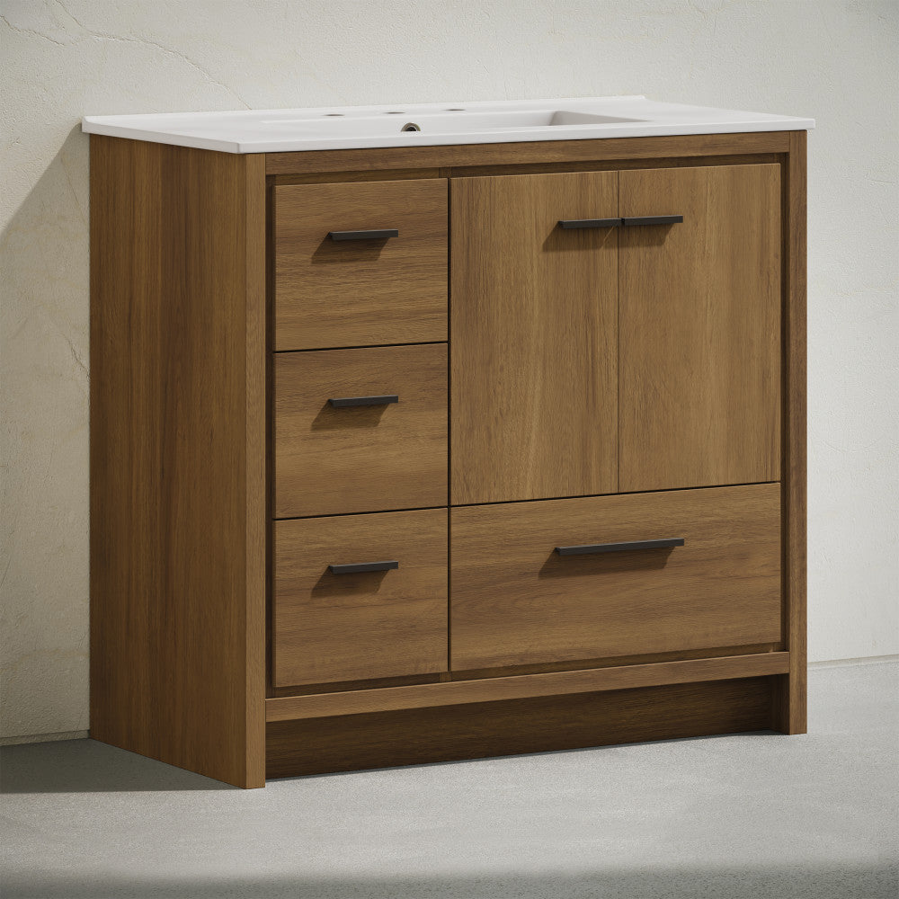 Virage 36" Freestanding Bathroom Vanity in Brown Oak with 3-Hole Widespread Sink Top