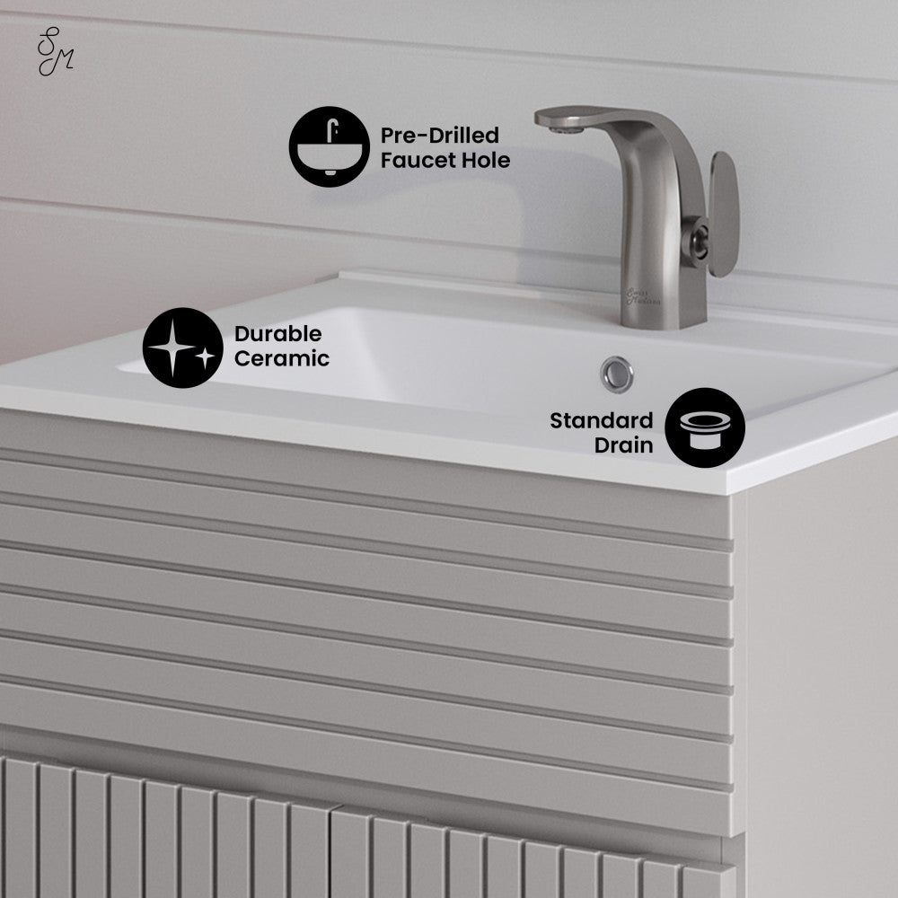 24-inch freestanding bathroom vanity in shell color with single sink and pre-drilled faucet hole, soft-close doors.