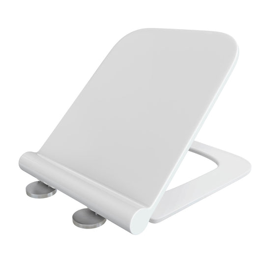Wall-hung toilet seat in white with soft-close hinges and mounting hardware visible.