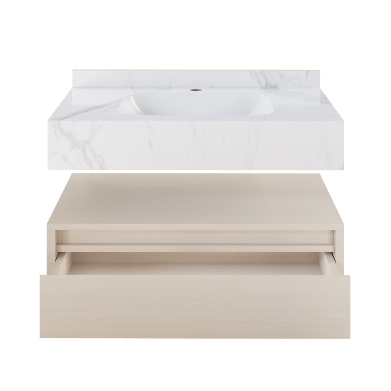 Avancer 36" Wall-Mounted Bathroom Vanity in White Oak with White Marble Sink Top