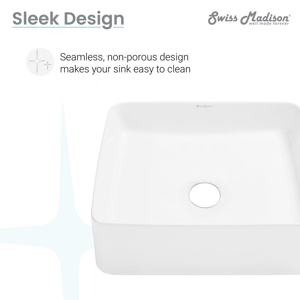 15-inch square white ceramic vessel sink with seamless design and center drain hole.