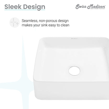 15-inch square white ceramic vessel sink with seamless design and center drain hole.