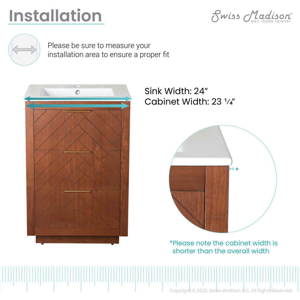24-inch freestanding bathroom vanity in brown oak with sink top and soft-close doors.