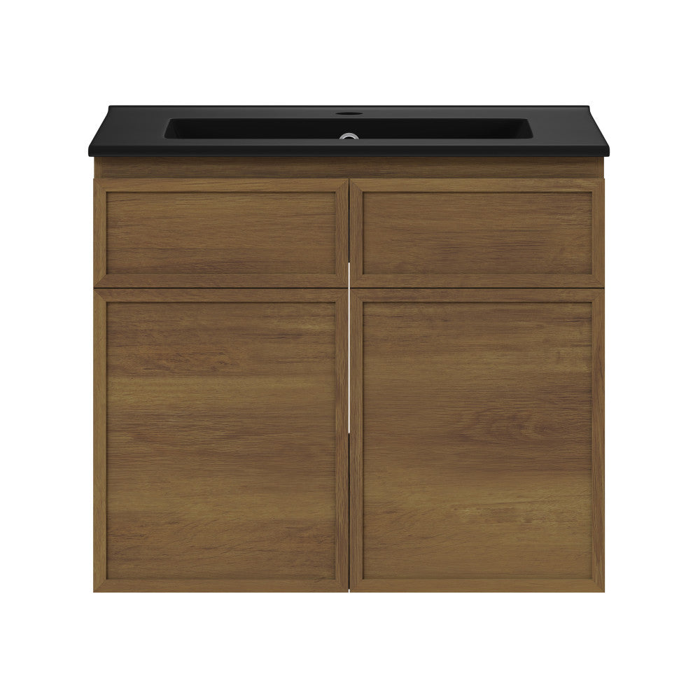 St. Tropez 24" Wall-Mounted Bathroom Vanity in Brown Oak with Black Sink Top