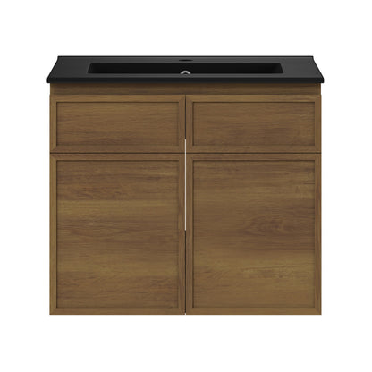 St. Tropez 24" Wall-Mounted Bathroom Vanity in Brown Oak with Black Sink Top