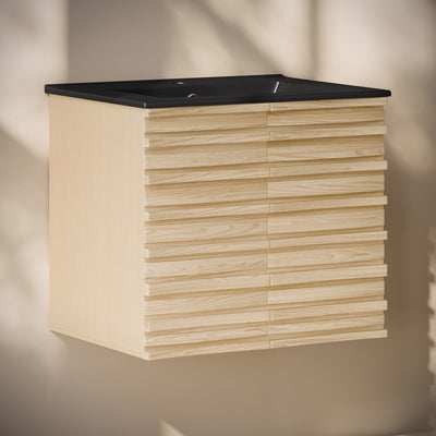 Cascade 24" Wall-Mounted Bathroom Vanity in Natural Oak with Black Sink Top