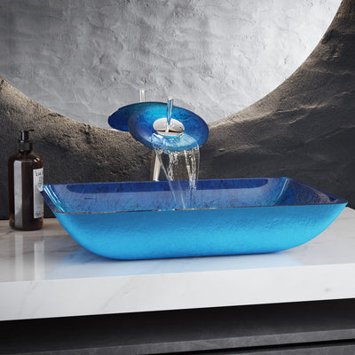 Cascade Rectangular Glass Vessel Sink with Faucet, Ocean Blue