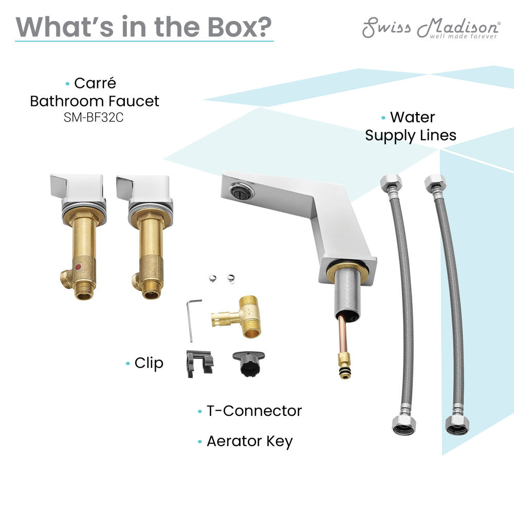Widespread bathroom faucet in chrome with two handles, includes water supply lines, T-connector, and aerator key.