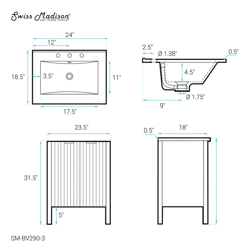 Bastille 24 in. White Bathroom Vanity With White, 3-Hole Ceramic Sink Top