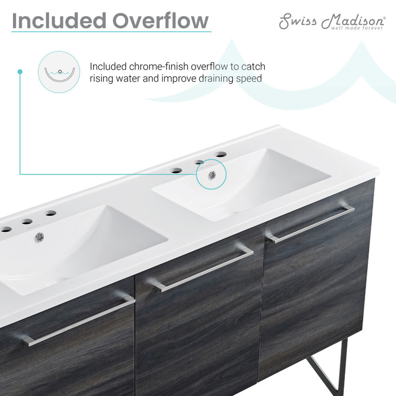 Annecy 60 in. Black Walnut, Double Basin Bathroom Vanity With White, 3-Hole Artificial Stone Sink Top