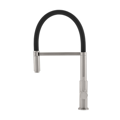 Single handle pull-down kitchen faucet in brushed nickel with flexible black hose.