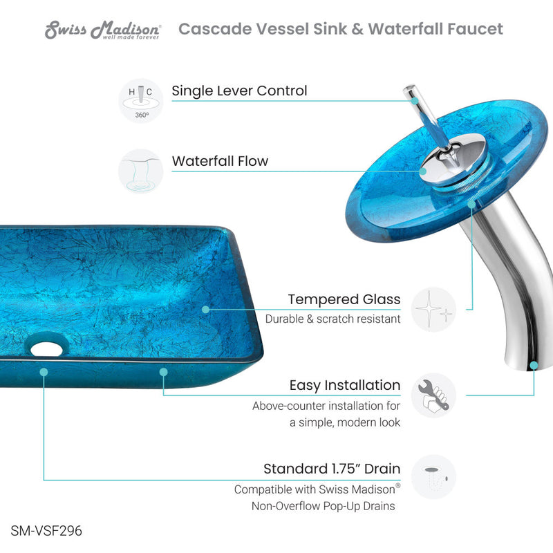 Cascade Rectangular Glass Vessel Sink with Faucet, Ocean Blue
