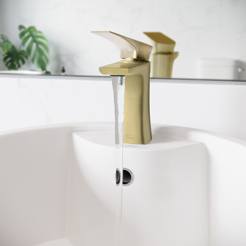 Single-handle bathroom faucet in brushed gold, sleek modern design with curved spout and lever handle.