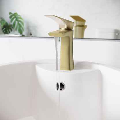Single-handle bathroom faucet in brushed gold, sleek modern design with curved spout and lever handle.
