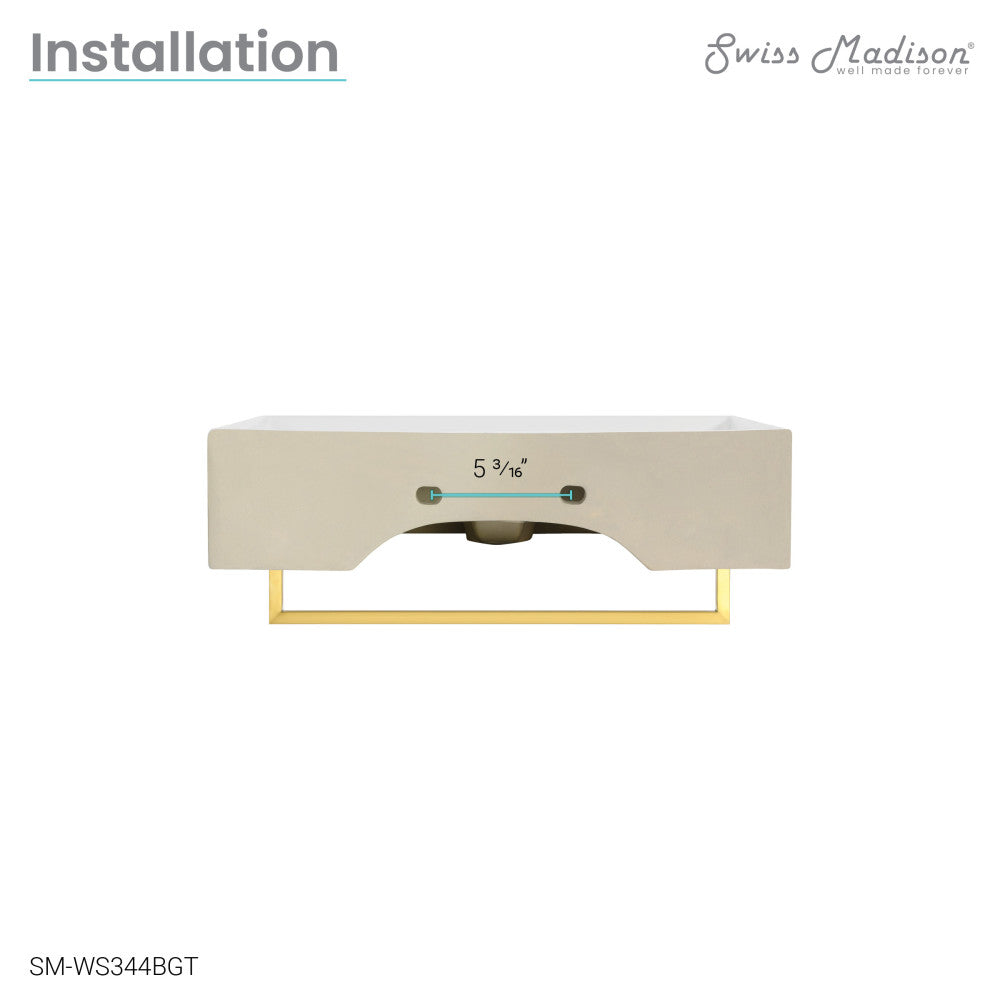 22" wall-mount bathroom sink in white with brushed gold towel bar and rectangular basin.