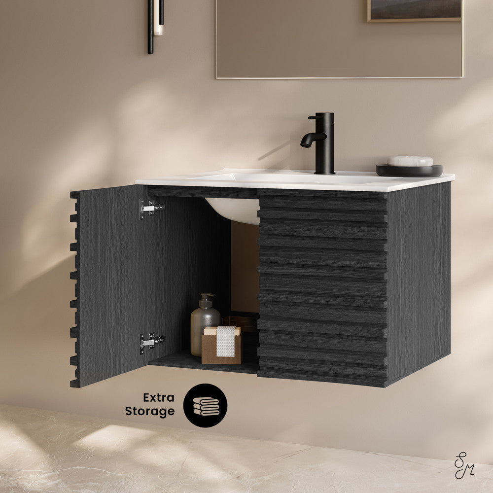 Cascade 30" Wall-Mounted Bathroom Vanity in Black Oak with Sink Top