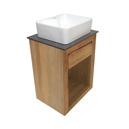 24-inch freestanding wood bathroom vanity with slate countertop and single hole vessel sink.
