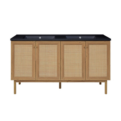 Classe 60" Freestanding Bathroom Vanity in Golden Oak with Black Double Basin Sink Top