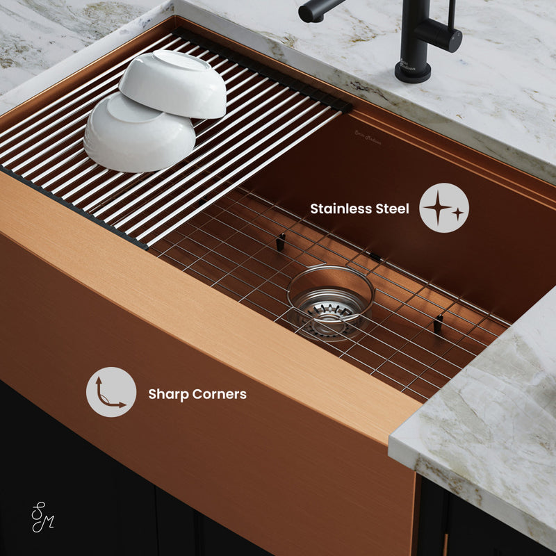 Tourner 33 x 22 Stainless Steel, Single Basin, Farmhouse Kitchen Workstation Sink with Apron in Rose Gold