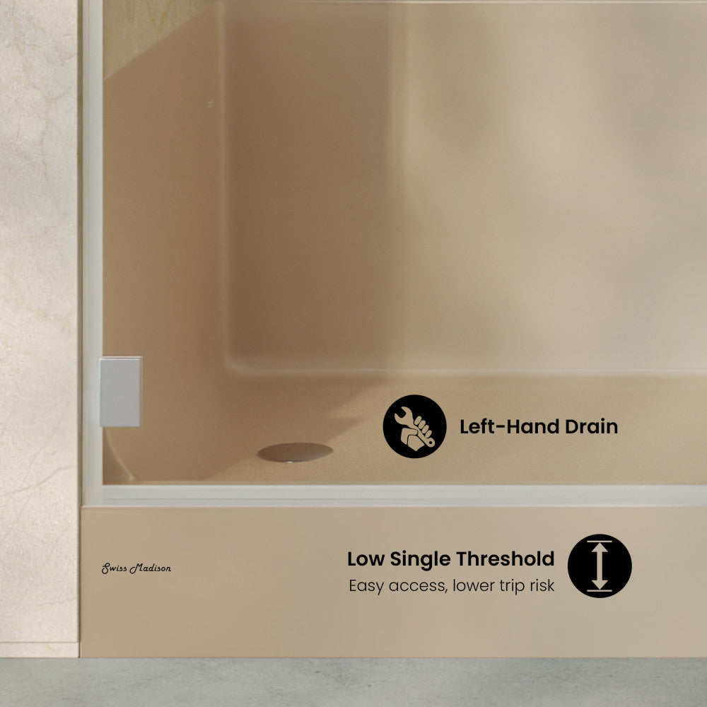 Aquatique 60" x 32" Single Threshold Shower Base With Left Hand Drain and Integral Right Hand Seat in Biscuit