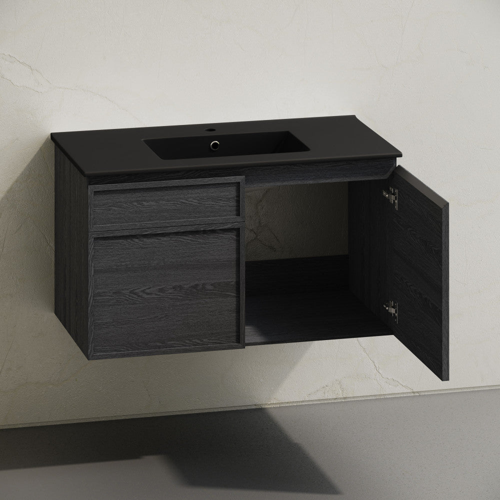 St. Tropez 36" Wall-Mounted Bathroom Vanity in Black Oak with Black Sink Top