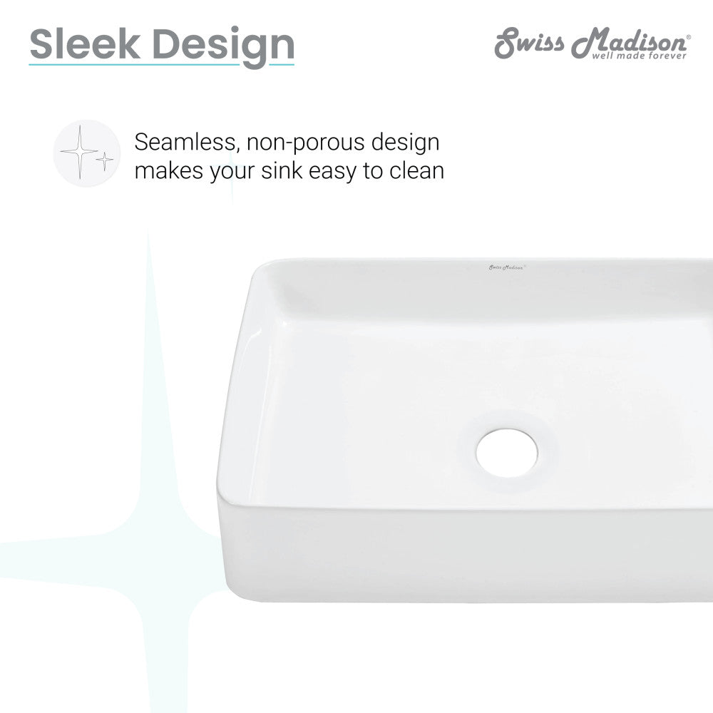 Rectangular white ceramic vessel sink with smooth edges and center drain hole.