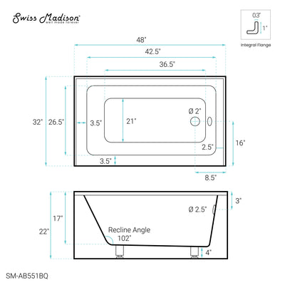 Voltaire 48" x 32" Right-Hand Drain Alcove Bathtub with Apron in Bisque