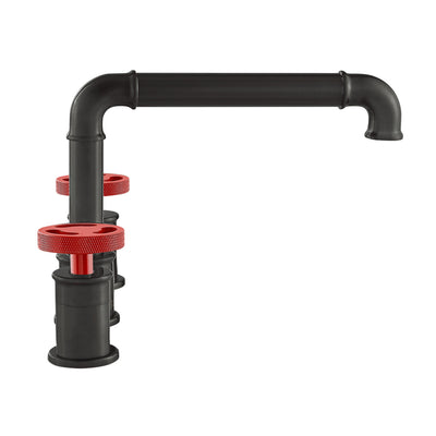 Avallon 8 in. Widespread, 2-Handle Wheel, Bathroom Faucet in Matte Black with Red Handles