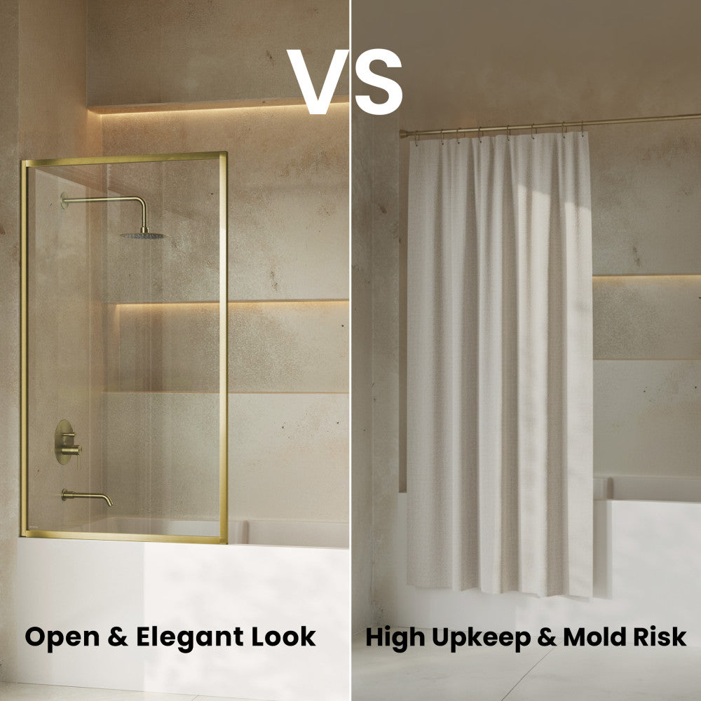 Pierre 34 x 58 Framed Fixed 3/8 in. (10mm) Clear Tempered Glass Tub Door with Brushed Gold Frame