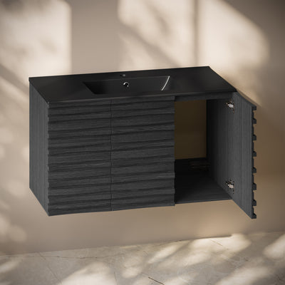 Cascade 36" Wall-Mounted Bathroom Vanity in Black Oak with Black Sink Top