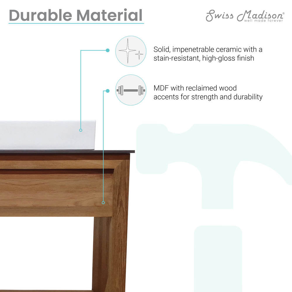 36-inch freestanding bathroom vanity with reclaimed walnut wood, slate countertop, single hole vessel sink.