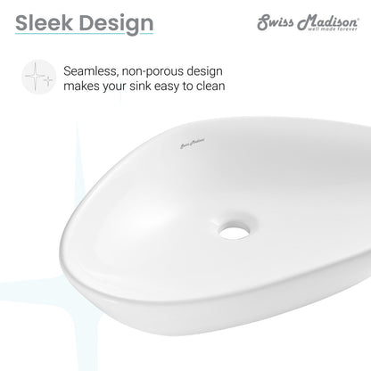 Oval white ceramic bastille vessel sink, seamless non-porous design, center drain hole.