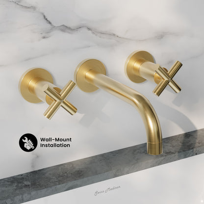 Ivy 8 in. Widespread Double Cross-Handle Wall Mount Bathroom Faucet in Brushed Gold