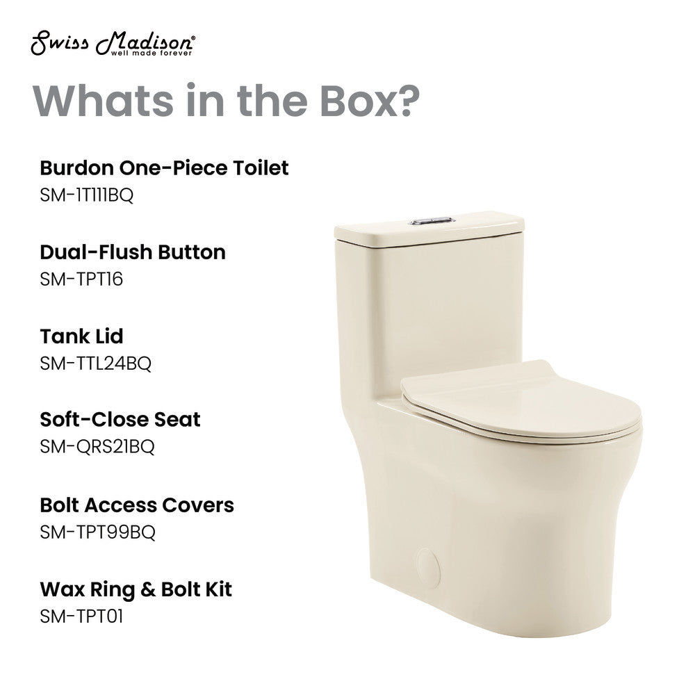Elongated one-piece toilet in bisque with dual flush and soft-close seat.