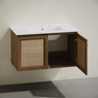 Classe 36" Wall-Mounted Bathroom Vanity in Brown Oak with Widespread Faucet Holes Vanity Top