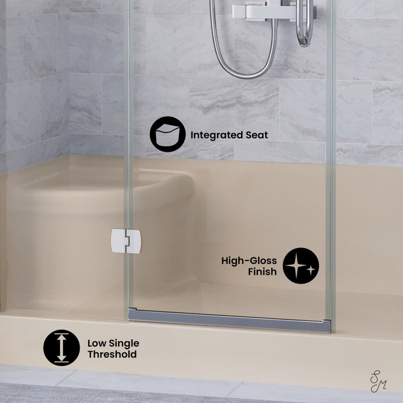 Aquatique 60" x 32" Single Threshold Shower Base With Right Hand Drain and Integral Left Hand Seat in Biscuit