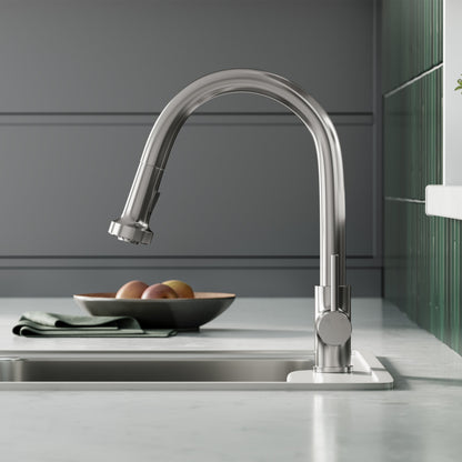 Single-handle pull-down kitchen faucet in brushed nickel with high-arc spout and sleek modern design.