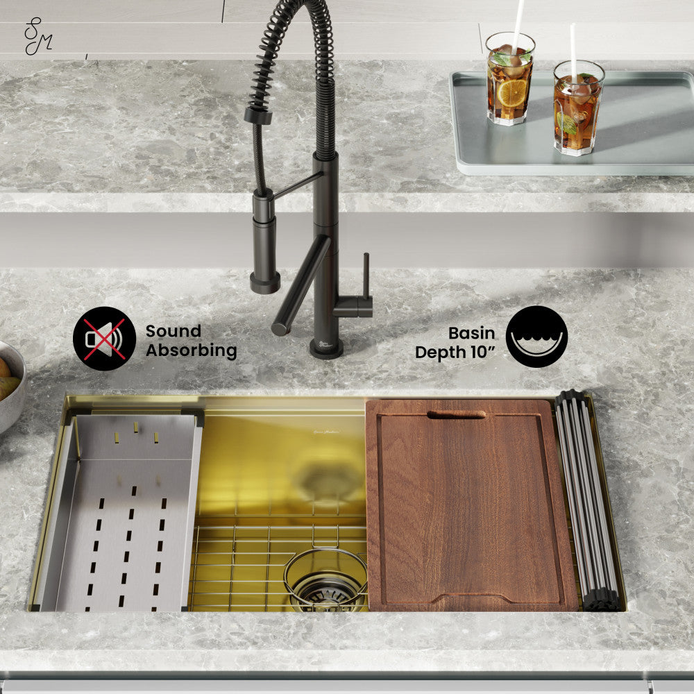 18 gauge stainless steel undermount kitchen sink in polished gold with workstation accessories.
