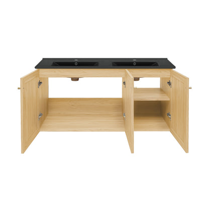 Classe 48" Wall-Mounted Bathroom Vanity in Natural Oak with Black Double Basin Sink Top