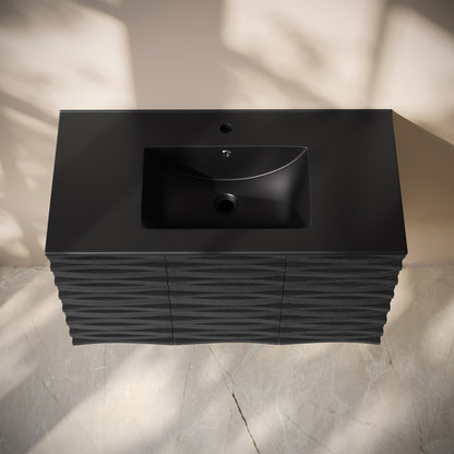 Cascade 36" Wall-Mounted Bathroom Vanity in Black Oak with Black Sink Top