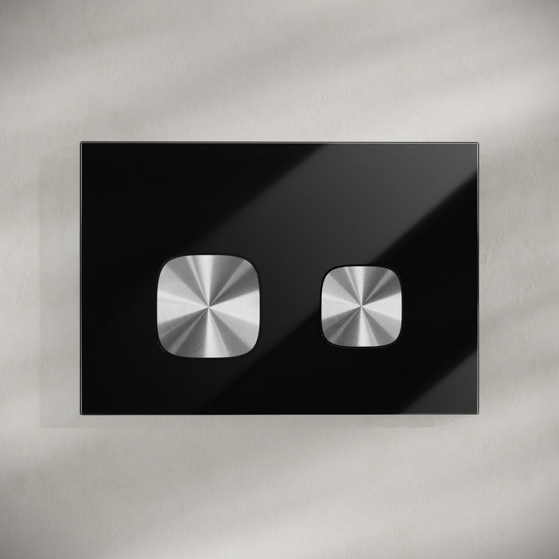 Verre Wall Mount Dual Flush Glass Actuator Plate in Glossy Black with Silver Flush Buttons
