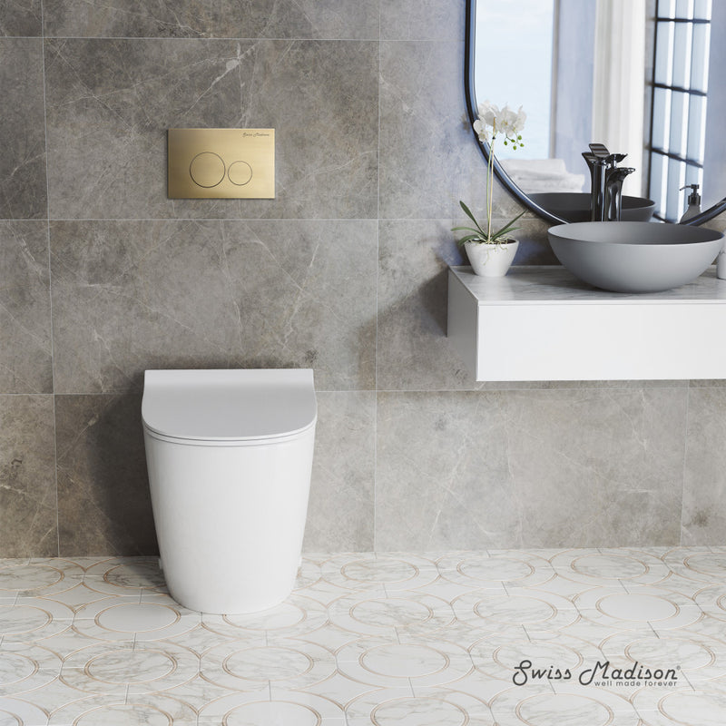 St. Tropez Back-to-Wall Toilet Bundle 0.8/1.6 GPF Dual Flush in Glossy White with Brass Flush Plate