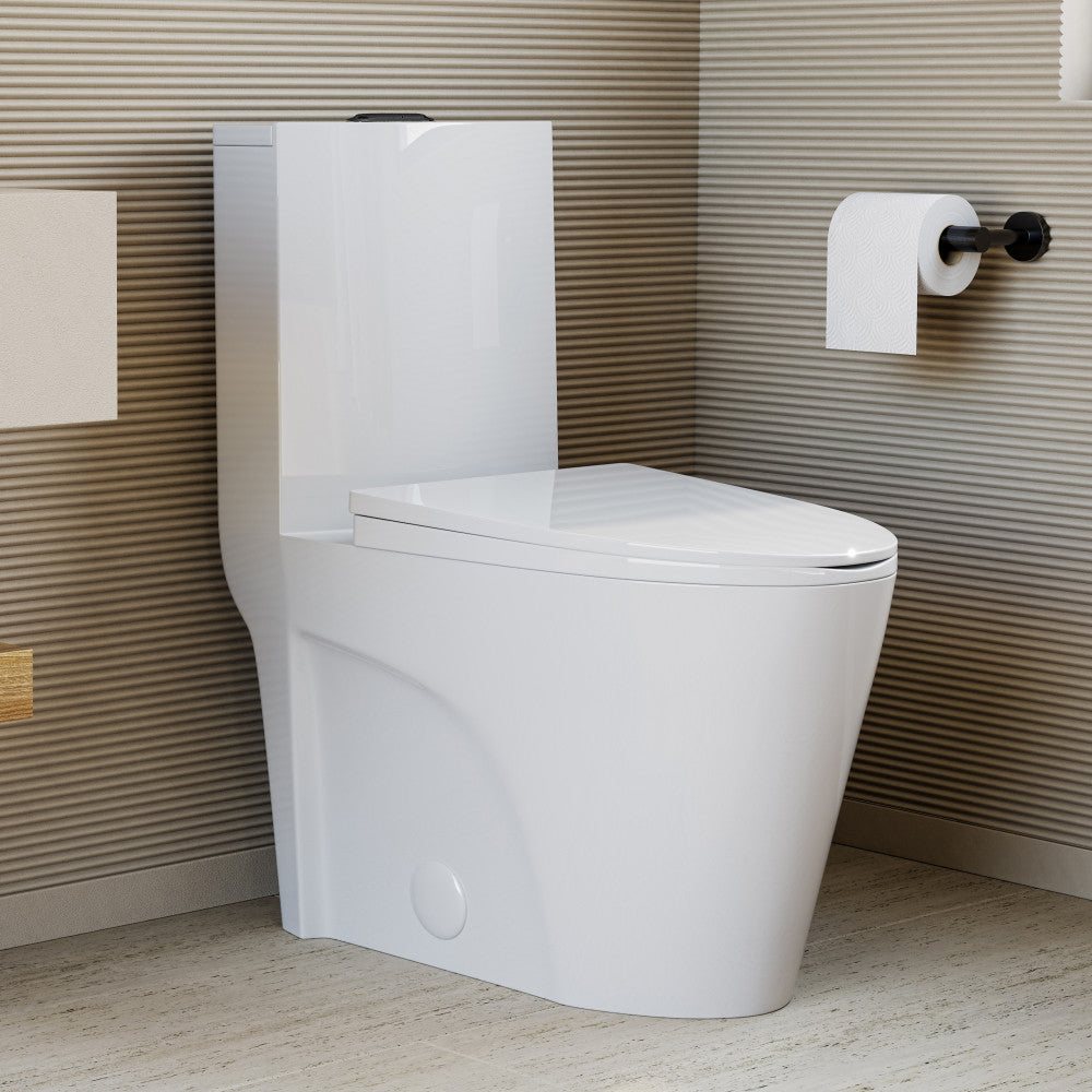 St. Tropez One-Piece 12" Rough-in 1.1/1.6 GPF Dual Top Vortex Flush Elongated Toilet in Glossy White with Black Hardware