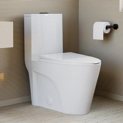 St. Tropez One-Piece 12" Rough-in 1.1/1.6 GPF Dual Top Vortex Flush Elongated Toilet in Glossy White with Black Hardware