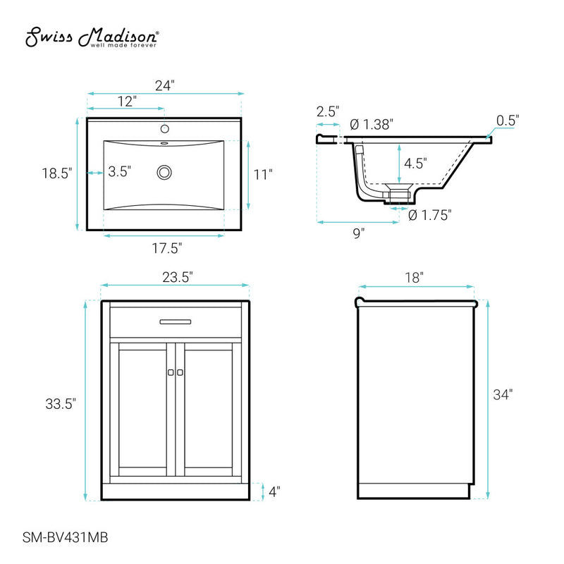 Burdon 24 in. Brown Bathroom Vanity With Black Ceramic Sink Top