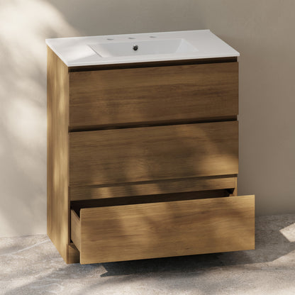 Liberte 30" Freestanding Bathroom Vanity in Brown Oak with 3-Hole Widespread Sink Top